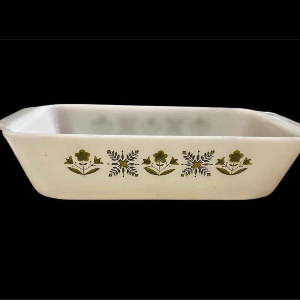 Fire King White Baking Dish with Green Floral Design